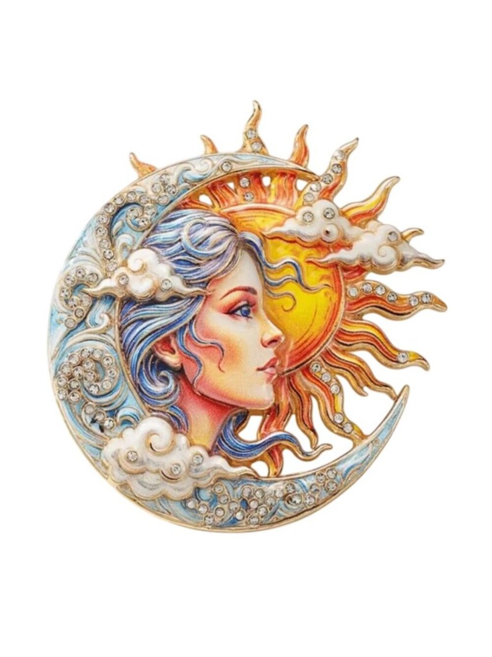 Sun & Moon Goddess Printed Enamel Brooch Celestial Design Gold Tone with Crystal